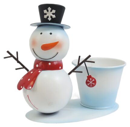 Blue Snowman Planter with Scarf - Side View