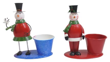 Standing Snowmen Metal Planter Set of 2